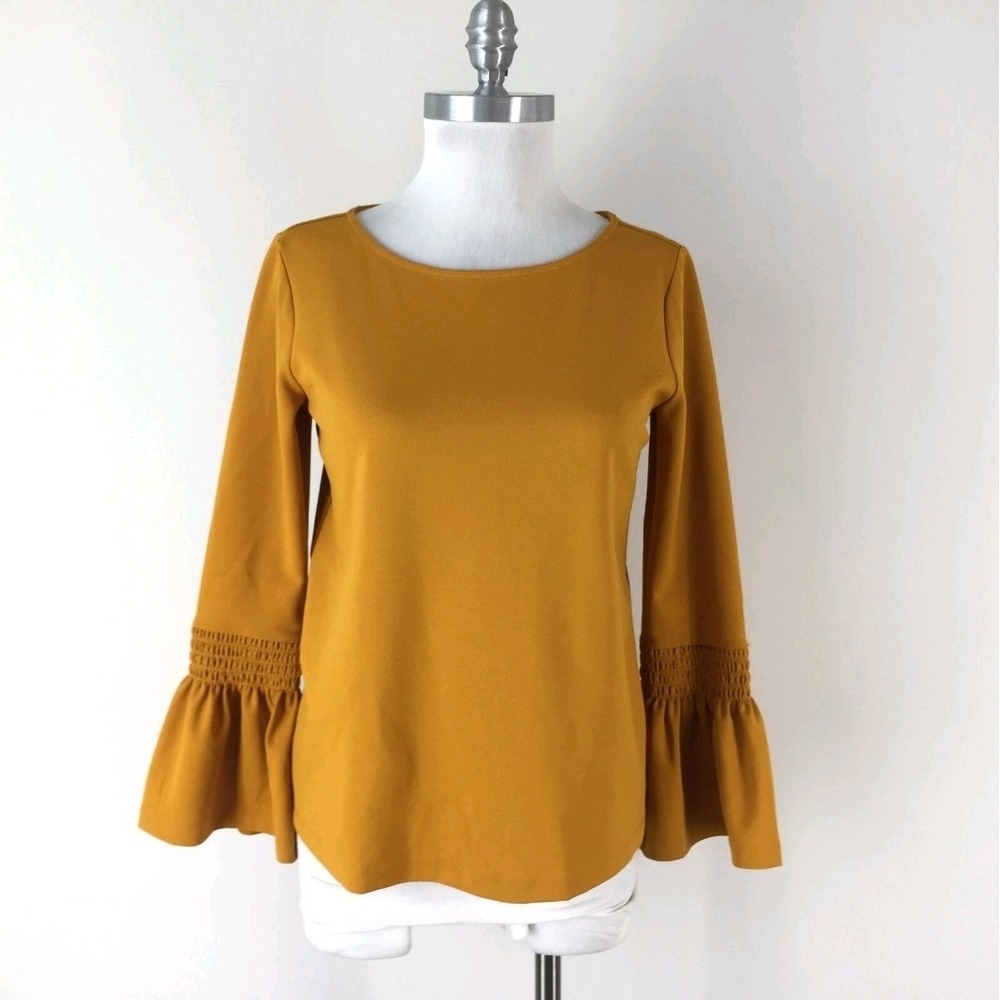 Ann Taylor Mustard Marigold Yellow Long Flared Bell Sleeve Blouse Top‎ S Petite